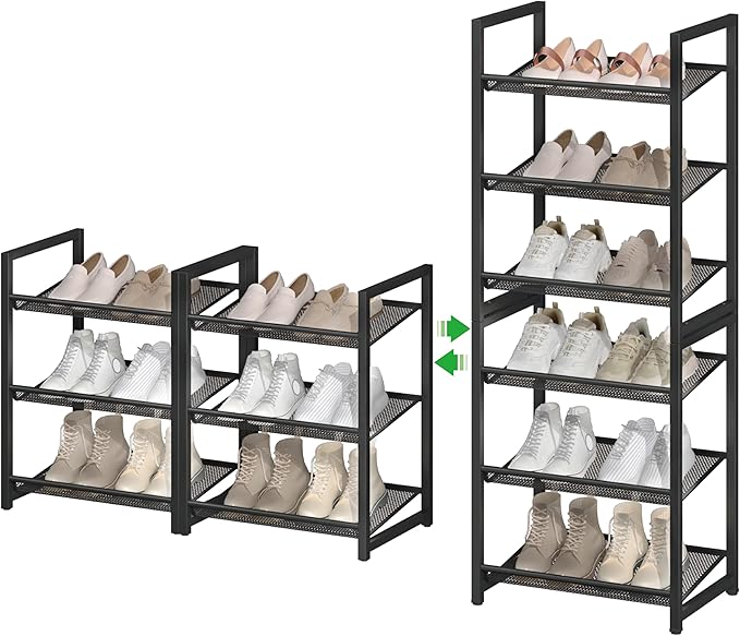 6 Tier Shoe Rack, Tall Metal Shoe Storage with Adjustable Shelves, Holds 12-14 Pairs, Stackable Shoe Stand for Garage Hallway