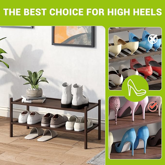 BMOSU 2-Tier Bamboo Shoe Rack Premium Stackable Shoe Shelf Storage Organizer for Hallway Closet Living Room Entryway Organize