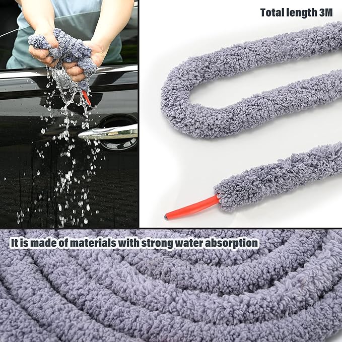 NEWISHTOOL 10 Ft Thicken Soak Rope for Window Tinting, Cars Glass Tint Film Installing Water Drying Absorbent Soak Shield Rope Automotive Windshield Car Door Window Cleaning Tool, Gray Microfiber Rope