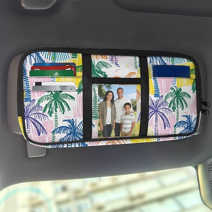 Car Sun Visor Storage Bag,Colorful Coconut Tree Truck Visor Organizer Card Sleeve Pocket Document Holder for Registration, Driving Licens