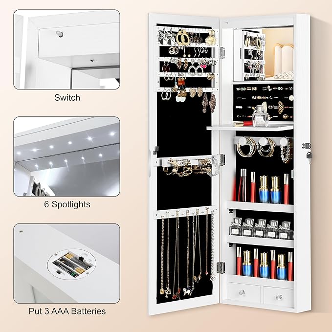Mirror Jewelry Cabinet, Wall/Door Mounted Jewelry Armoire with Full-Length Mirror, Hanging Jewelry Organizer with LED Interio