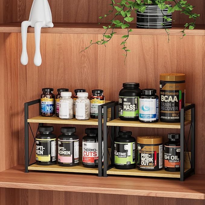 Giikin Countertop Shelf Organizer, 2 Tier Kitchen Spice Rack Organizer for Countertop, Wood Coffee Counter Shelf Organizer fo