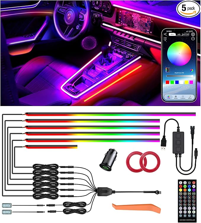 KENANEK 55.12inch Acrylic LED Lights for Car–6 Dreamcolor Interior Car LED Strip Light+2 footwell Lights, 3 Control Methods, Music Sync, Dual USB Cigarette Lighter, Universal Fit for Car/SUV/Truck