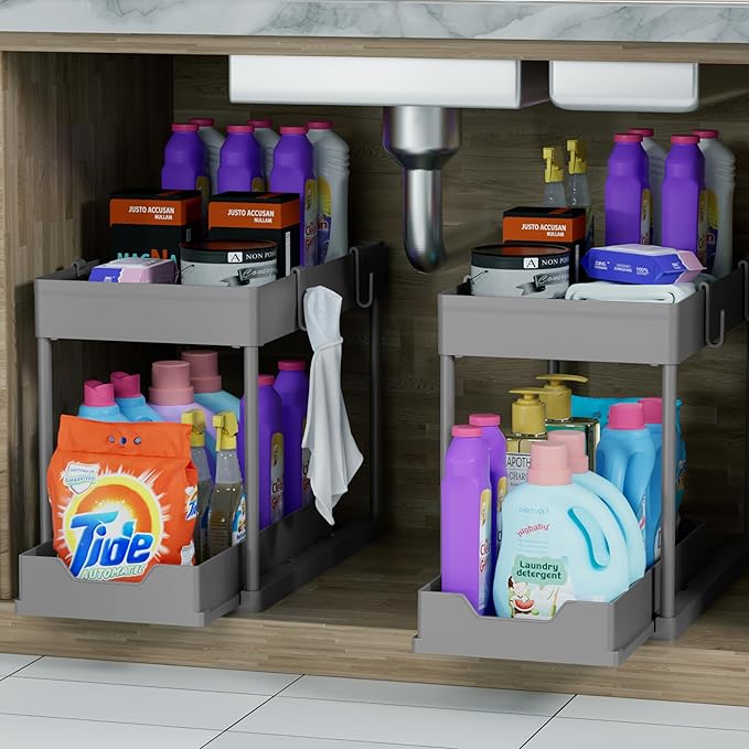 DEKAVA Under Sink Organizer 2 Pack，Bathroom Cabinet Organizer，2 Tier Sliding Cabinet Basket Organizer Drawer, Multi-Purpose B