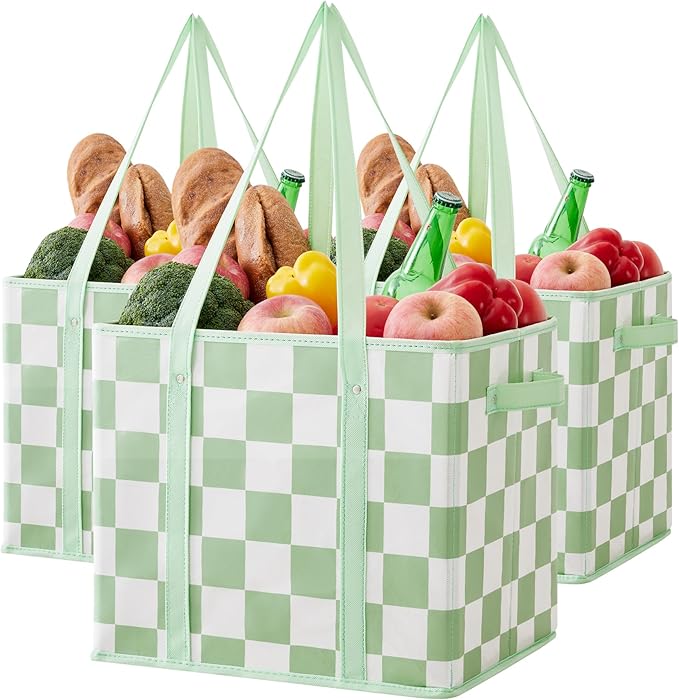 Checkered Reusable Grocery Bags Heavy Duty 3 Pack Foldable Shopping Bags with Handles for Groceries Collapsible Tote