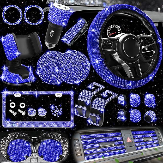 NBTEPEM 27 PCs Blue Bling Car Accessories Set for Women, Steering Wheel Covers Universal Fit 15 Inch, Bling License Plate Frame, Bling Phone Holder, Bling Car Coasters (Blue Diamond)