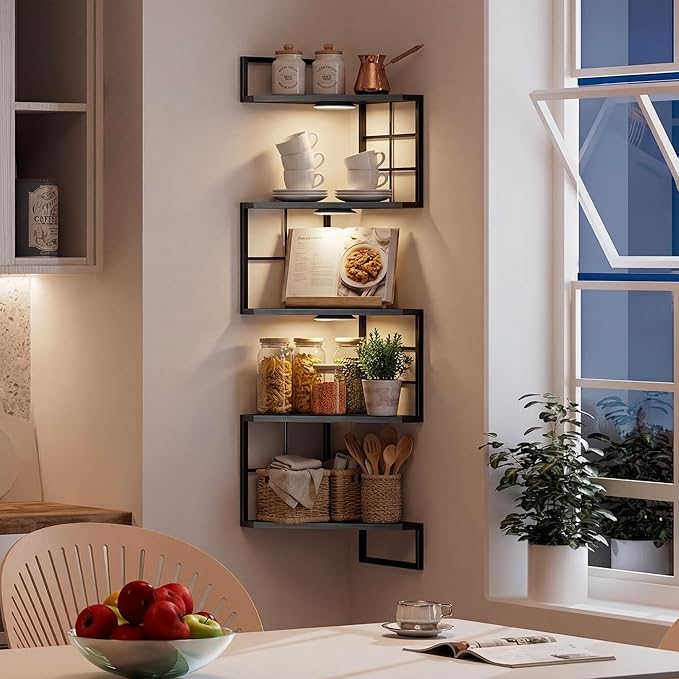 Corner Floating Shelves with Lights - 5 Tiers Corner Shelf Wall Mounted, Bookshelf with LED Light, Floating Shelves for Wall,