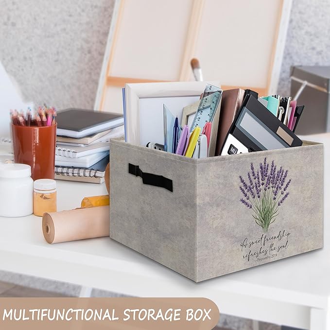Christian Lavender Floral Decor Basket Foldable Storage Bins Box with Handles, Christian Friendship Gifts for Women, Bible Ve