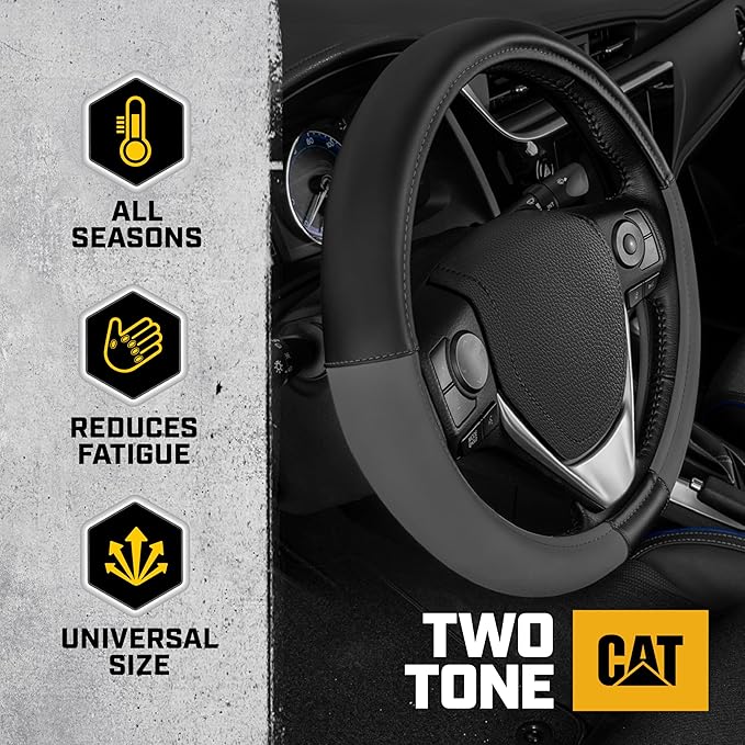 Cat® ErgoDrive Car Steering Wheel Cover with Dark Gray Grip, Black Faux Leather Steering Wheel Cover for Auto Truck Van SUV - Standard 14.5" - 15 Inches