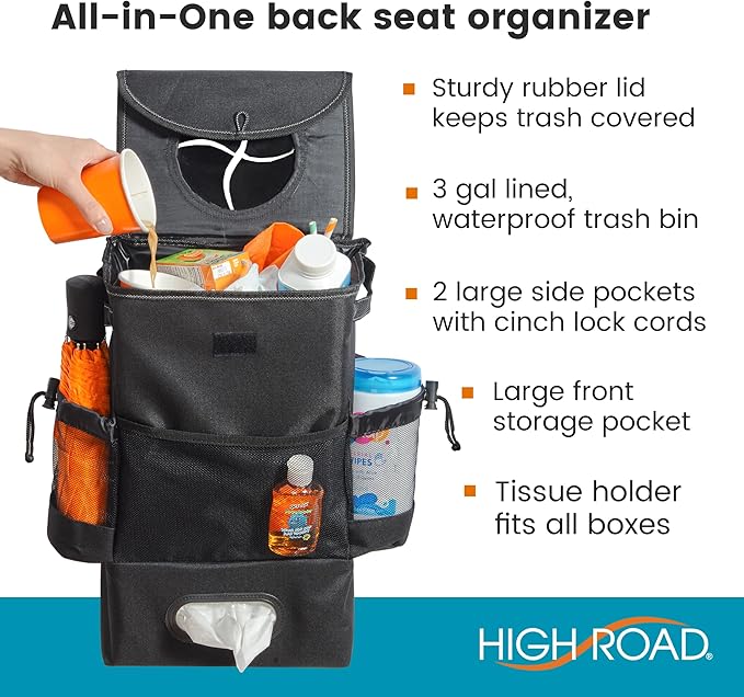 High Road StashAway Large Car Trash Can for Back Seat - Car Garbage Bag With Tissue Holder and Bottle Pockets - Seatback Organizer With 3 Gal Trash Can With Lid for Vans, SUVs and Trucks