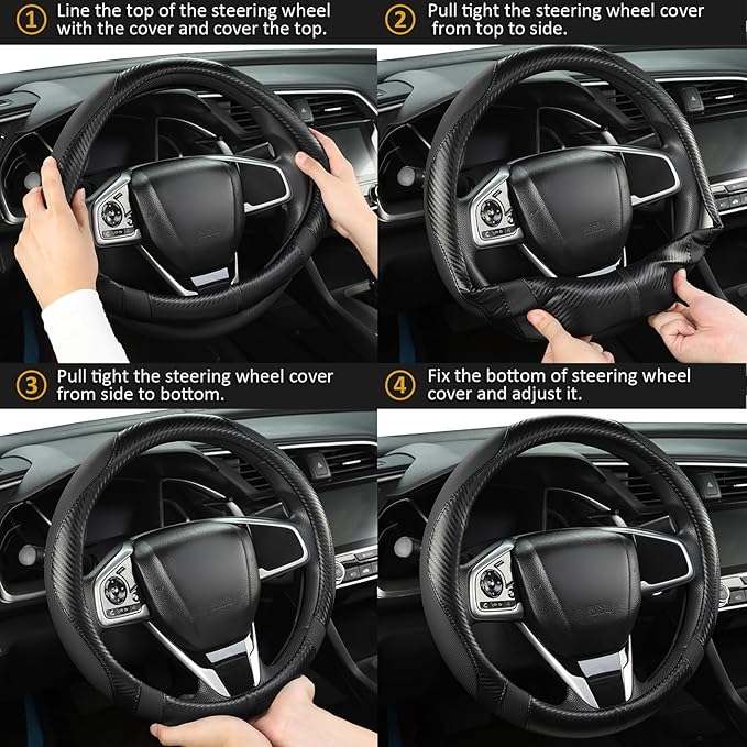 West Llama Carbon Fiber Car Steering Wheel Cover for Honda,Anti-Slip, Full Surround Breathable Leather Auto Protector(Black o