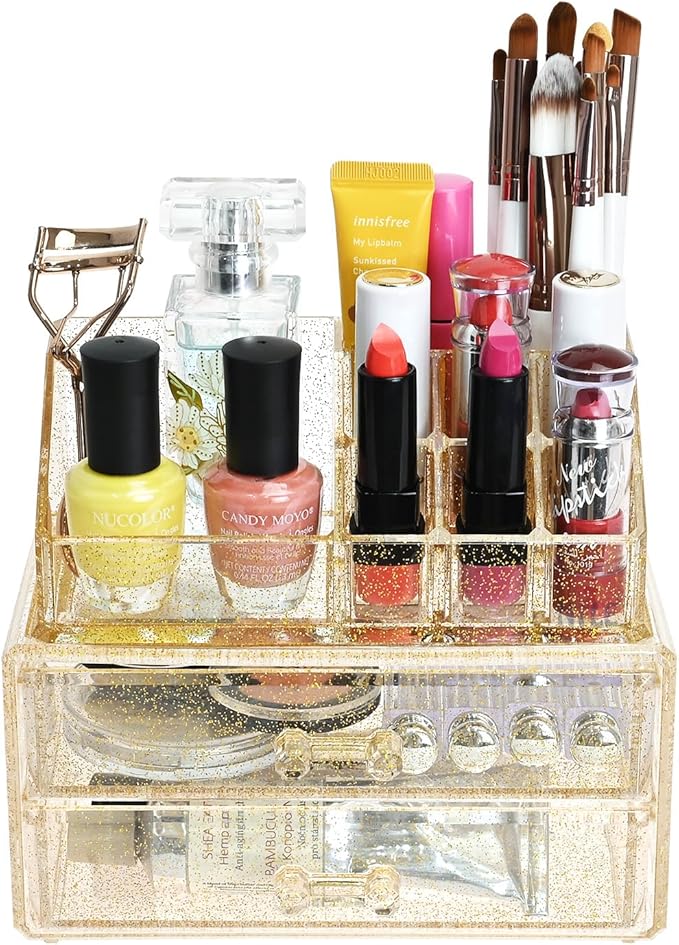 Ikee Design Acrylic Makeup Organizer with 2 Drawers Removable Top Lipstick Holders, Cosmetics Organizer for Skincare, Accesso