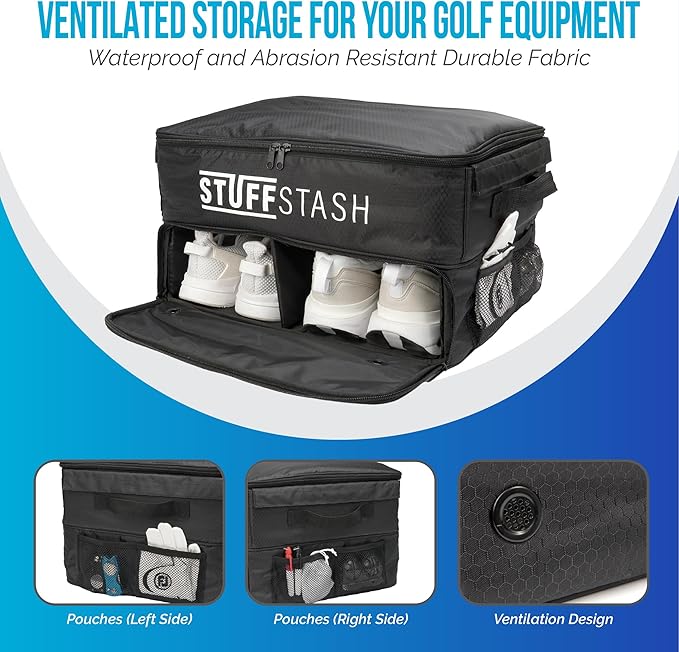 STUFFSTASH Golf Trunk Organizer for Car - Rigid, Won't Collapse | Ventilated Shoe Compartment, Adjustable Dividers & Mesh Pocket