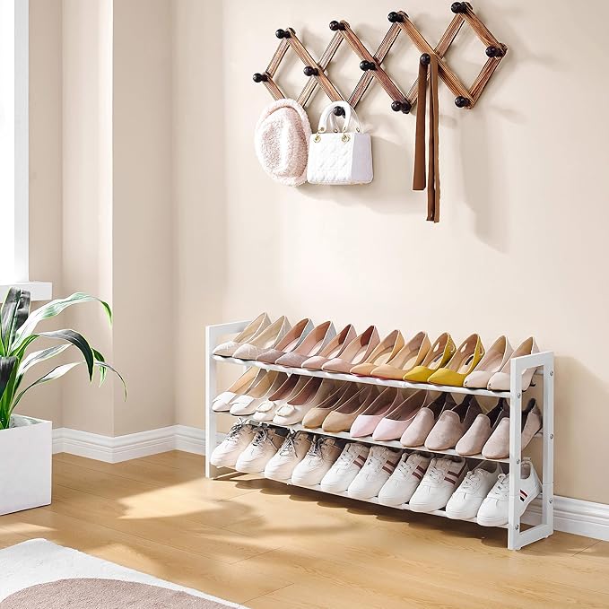 FAVOOSTY 3-Tier Expandable Shoe Rack, Adjustable Shoe Shelf Storage Organizer Space Saving Metal Free Standing Shoe Rack for 