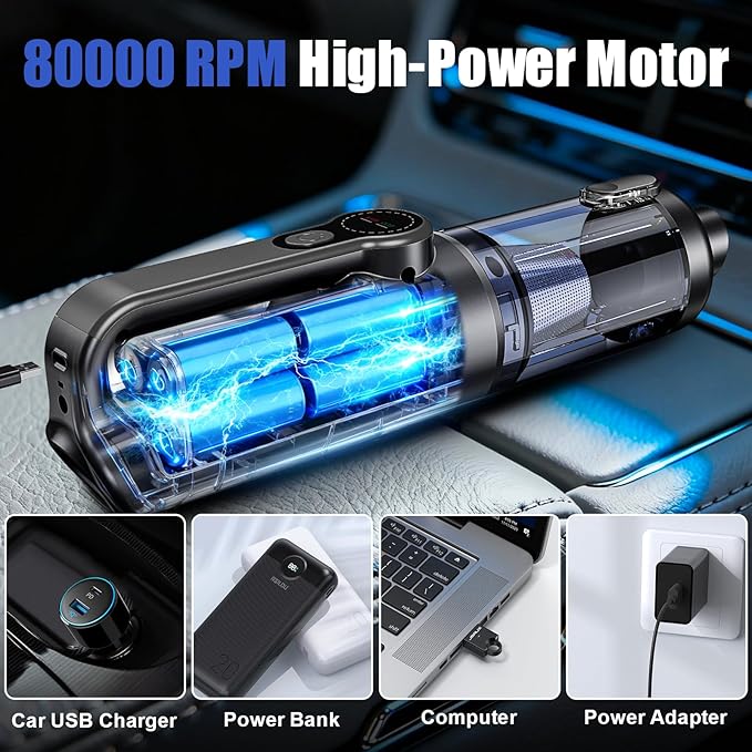 Car Vacuum Portable Cordless-19000 Pa 4 in 1 Handheld Vacuum Cordless Brushless Motor with LED Light and Multi-Nozzles, One-T