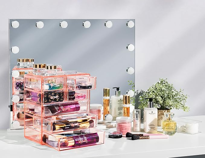 Sorbus Acrylic Makeup Organizer Set, 7-Drawer Vanity & Countertop Cosmetic Storage with Small & Wide Drawers, Pink Makeup Sto