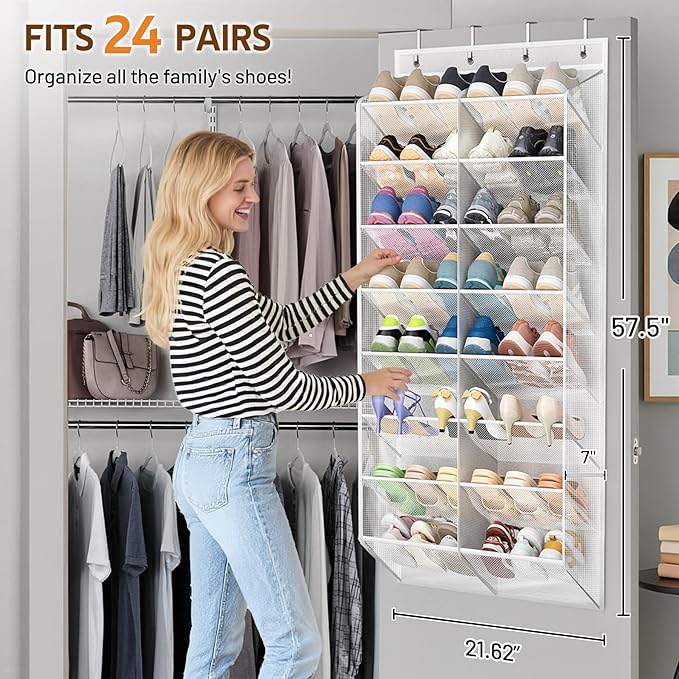 MISSLO 24 Pairs Over the Door Shoe Organizer Breathable Mesh Hanging Shoe Rack for Closet Storage with Wide Deep Pockets 8 Ti
