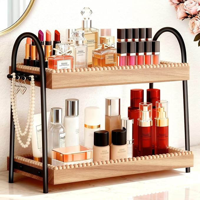 2-Tier Large & Medium Perfume Organizer with 8 Hooks for Jewelry, Bathroom Countertop & Vanity Tray Makeup Shelf - Space Savi