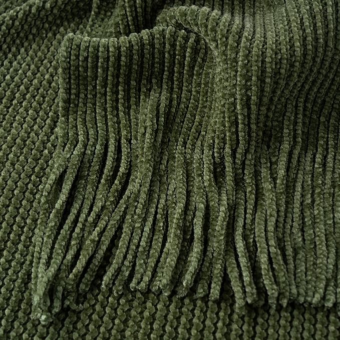 BATTILO HOME Olive Green Throw Blanket for Couch, Soft Chenille Knit Throws with Tassels for Home Decor, Green Blankets and T