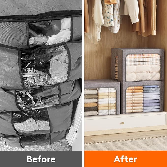 Lifewit Clothes Storage Bins with Metal Frame, Stackable Storage Box, Foldable Clothing Storage Bins with Lids, 100L Storage 