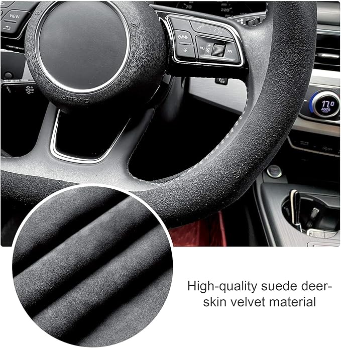 Carodi Suede Steering Wheel Cover ， Non-Slip Leather Car Interior Fitting 15-inch Universal（D-Shape,Black）