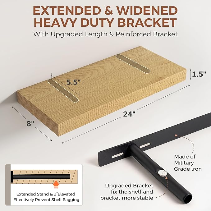 Dreamland Floating Shelves for Wall,8 Inch Deep Floating Shelves,24" W x 8" D Wall Shelves for Bedroom, Living Room, Kitchen,