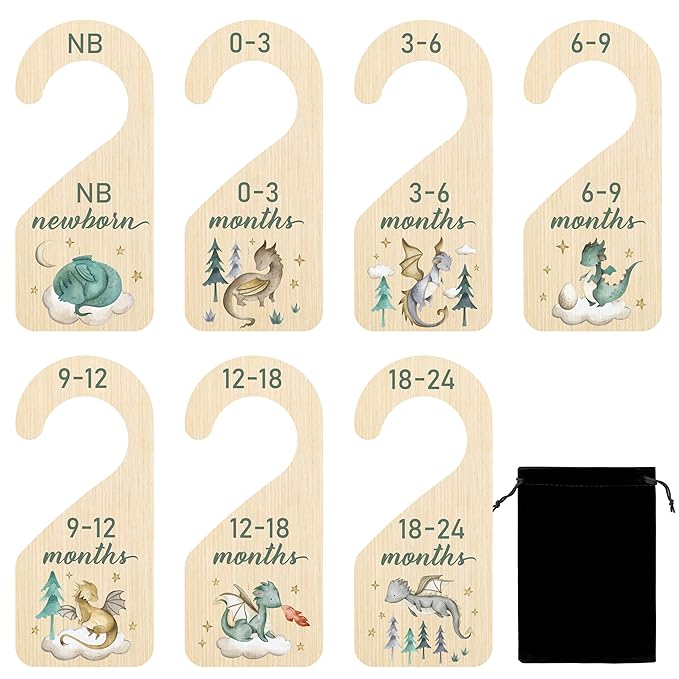 R HORSE Wooden Baby Closet Dividers - 8Pcs Dragon Baby Closet Organizer, Double-Sided Newborn Clothes Size Hanger Dividers, N