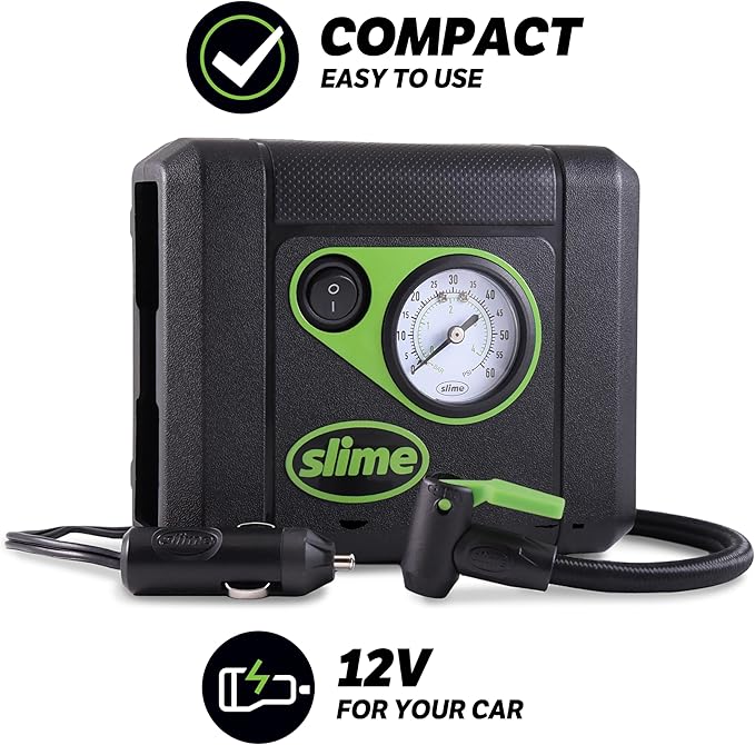 Slime 40060 Tire Inflator, Compact, Portable Car Air Compressor, Analog, Quick Connect Air Hose, Flat Tire Puncture Repair, 12V, 10 min inflation