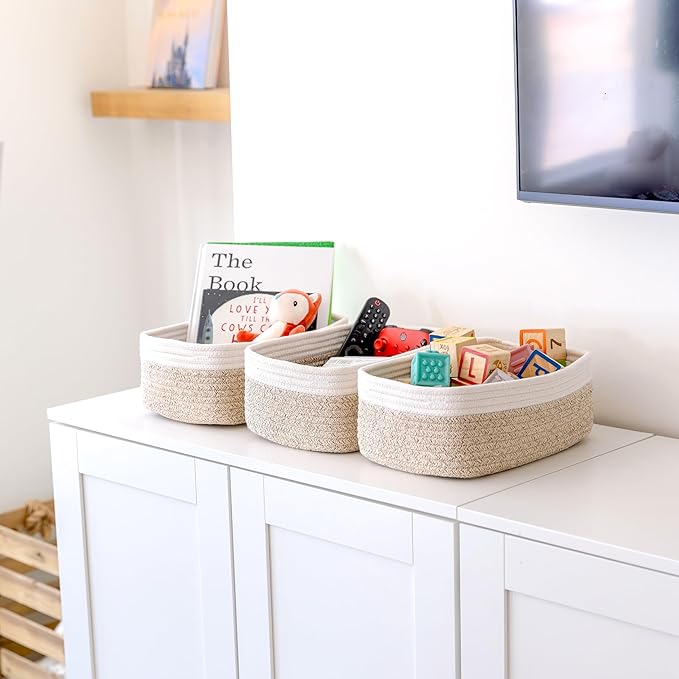 NaturalCozy 11.8"x8"x4.5” Storage Baskets for Shelves 3 Pack | Cotton Rope Woven Small Baskets for Organizing | Small Storage