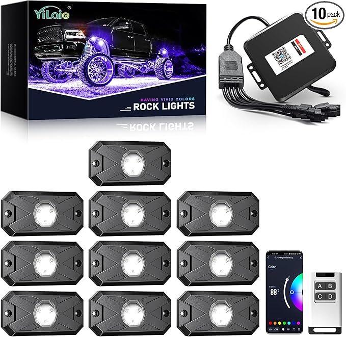 YiLaie 10 Pods LED Rock Lights for Trucks with APP/RF Remote Control, Flashing Music Mode, Upgraded Underglow Led Lights for Truck ATV UTV RZR SUV Golf Cart