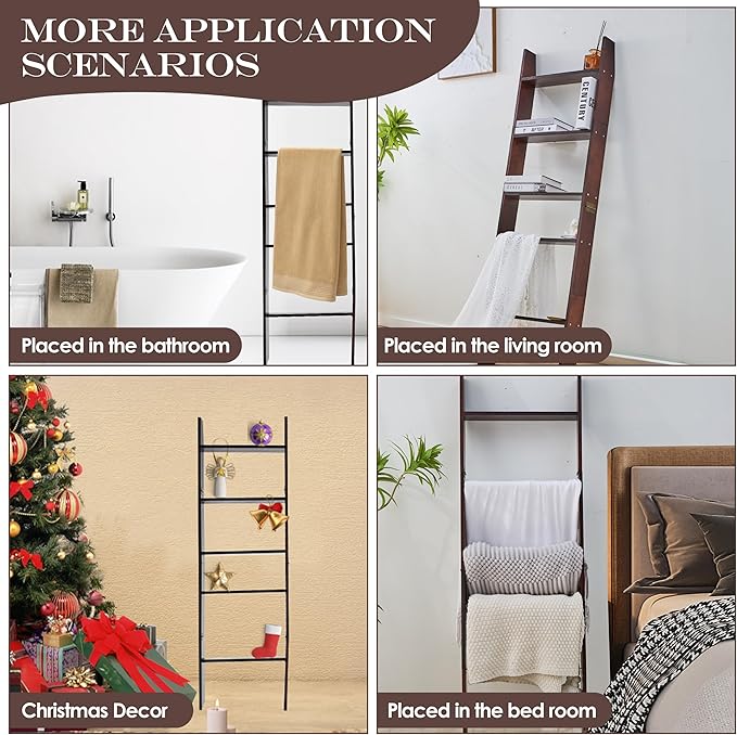 XUNIQUE 5-Tier Blanket Ladder for The Living Room, 4.8 FT Anti-Slip Decorative Ladder Shelf Leaning Quilt Rack, Lightweight, 