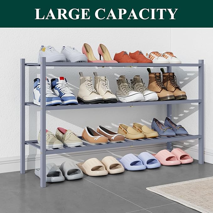 Smiry Bamboo Shoe Rack for Closet, 3 Tier Long Wooden Stackable Shoe Organizer, Free Standing Shoes Storage Shelf for Entrywa