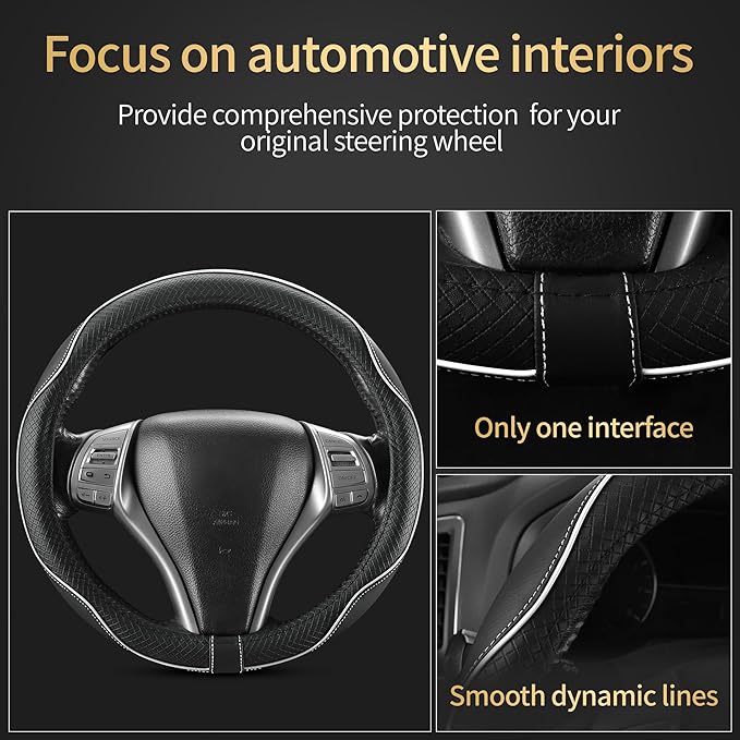 Leather Car Steering Wheel Cover,Anti-Slip, Safety,Soft,Breathable,Heavy Duty,Thick,Full Surround, Sports Style,Universal Car