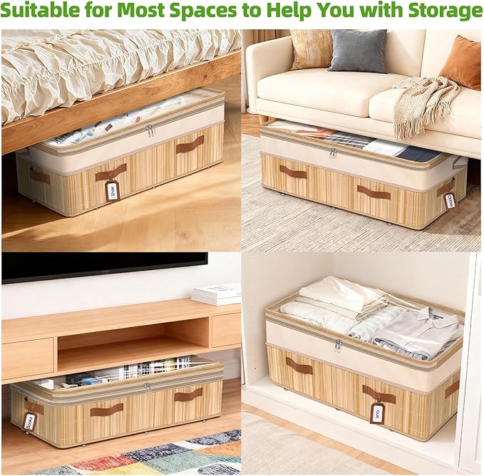 Livole Bamboo Under Bed Storage with Wheels, 6-10 inches Height Adjustable Underbed Storage Containers, 92L XXXL Large Rollin
