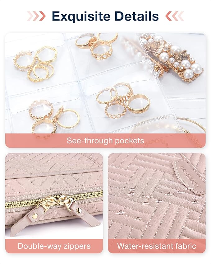 BAGSMART Large Jewelry Travel Organizer Case for Home Jewelry Organizer Storage Ring Binder Jewelry Bags Clear Jewelry Rolls 