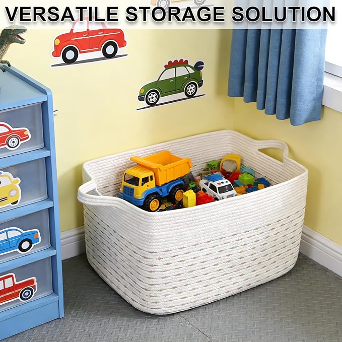 65L Large Blanket Basket,21"x16"x12" Rectangle Storage Bin with Handles,Woven Rope Laundry Basket for Toys, Clothes,Pillows,M
