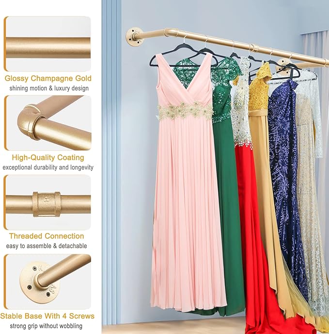 Gold Wall Mount Iaundry Drying Rack - 54" Pipe Garment Rack, Portable Heavy Duty Iron Closet Hanger Rod, Modern Metal Detacha