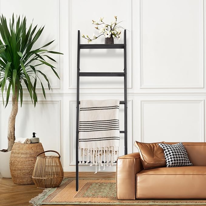 5-Tier Blanket Ladder – 4.8 Ft Wall Leaning Quilt Rack, Farmhouse Blanket Storage for Living Room, Bedroom & Bathroom – Rusti