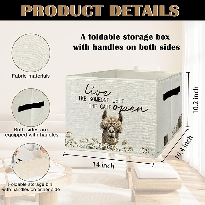 Rustic Alpaca Storage Bins & Boxes with Handles, Farmhouse Alpaca Foldable Basket for Organizing, Live Like Someone Left the 