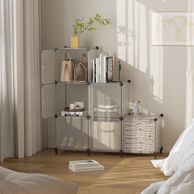Cube Storage Organizer, 6-Cube Shelves Unit with Doors, DIY Stackable Plastic Clothes Organizer for Bedroom and Under Stairs 
