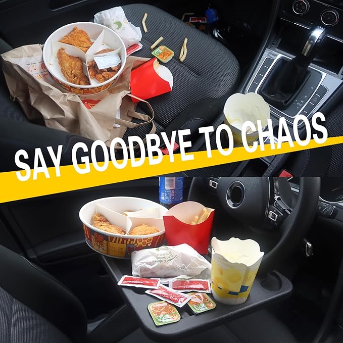 4 in 1 Car Steering Wheel Tray with Dual Sauce Dip Holder and Tablet Holder,Car Table Food Trays for Eating,Driver Desk Fit Most Auto Vehicle Steering Wheels (Black, Large)