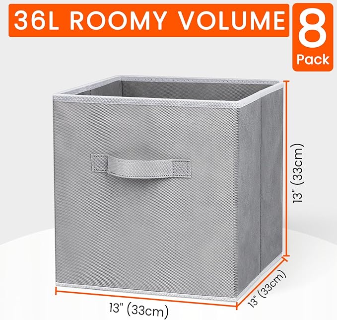 Criusia Large Storage Cubes - 13 Inch Heavy Duty Fabric Storage Bins for Shelves Closet, Cube Organizer - 8 Pack Collapsible 
