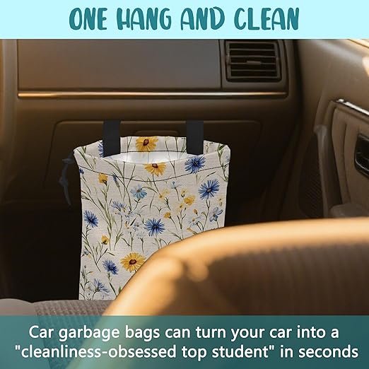 Car Garbage Bag Abstract Blue and Yellow Flowers Hanging Canvas Car Trash Bag Drawstring Car Back Seat Organizer for Car Back Front Seat Console with Adjustable Buckle