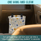 Car Garbage Bag Abstract Blue and Yellow Flowers Hanging Canvas Car Trash Bag Drawstring Car Back Seat Organizer for Car Back Front Seat Console with Adjustable Buckle