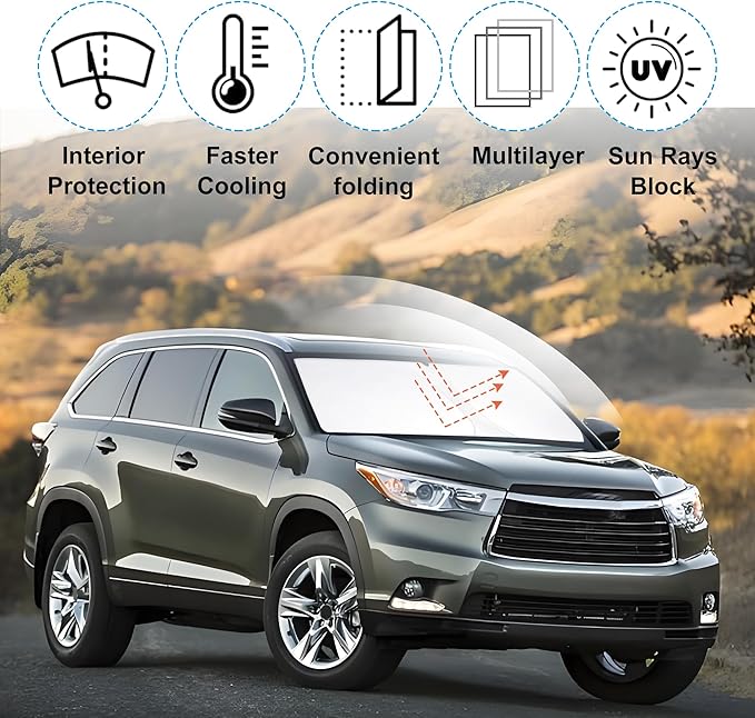 Front Windshield Sun Shade Foldable Car Front Window Sun Shade Windshield Shade Custom Fit for 2014-2019 Toyota Highlander Block UV Rays Accessories Heat Keep Cooler