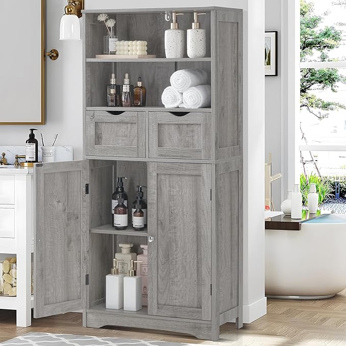 Iwell Storage Cabinet with 2 Drawers & Adjustable Shelf, Tall Bathroom Cabinet with Doors, Cupboard, Kitchen Cabinets for Liv
