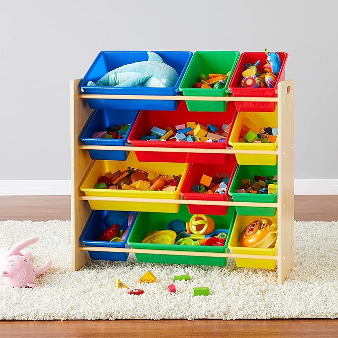 Amazon Basics Kids Toy Storage Organizer With 12 Plastic Bins, Natural Wood, Multicolor, for Bedroom and Playroom, 33.6" W x 