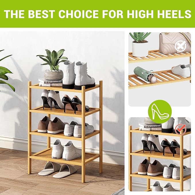 BMOSU 4-Tier Bamboo Small Shoe Rack Premium Stackable Shoe Shelf Storage Organizer for Hallway Closet Living Room Entryway Or