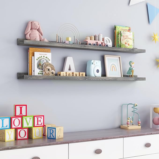 48 Inches Long Floating Shelves for Wall, Solid Pine Wood Picture Ledge Shelves, Wall Shelves with Lips, Nursery Book Shelves