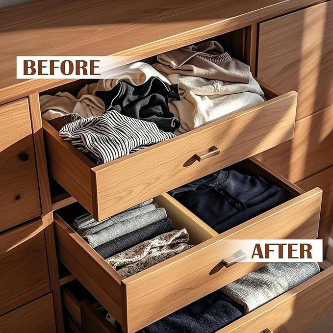 8 Pcs 6'' High Bamboo Drawer Dividers, Non-slip Deep Kitchen Dresser Drawer Organizer with Spring Loaded Adjustable Expandabl